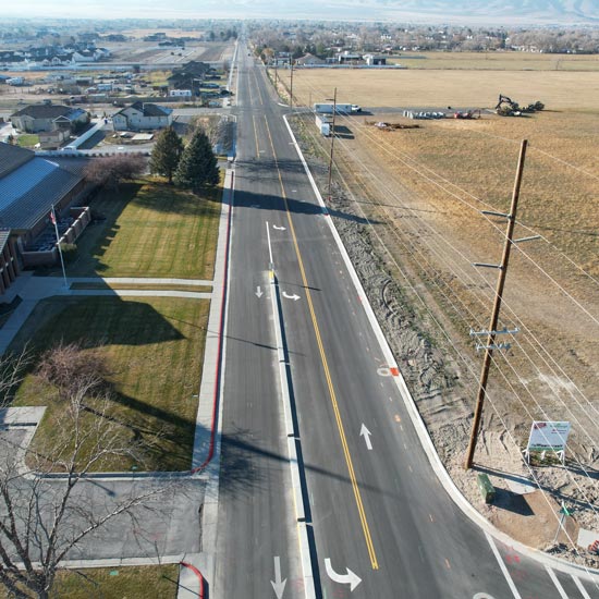 Aerial view of road in rural community