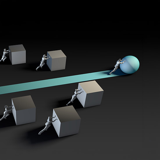 Person leading the pack by pushing sphere instead of block
